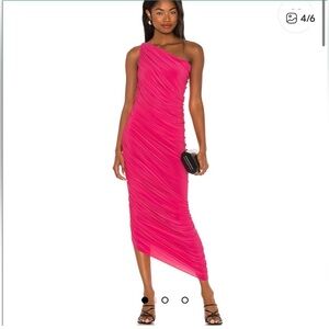 Norma Kamali Diana One Shoulder Ruched Asymmetrical Midi Dress Pink S